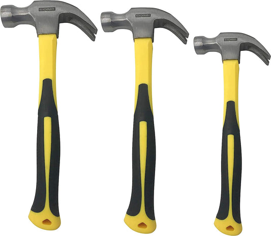 3 Pack of Claw Hammers (20 oz, 16 oz, 8 oz) with Sure-Grip Fiberglass Handles and Polished Steel Head
