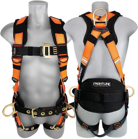(Tongue Buckle Belt & Legs)  FRONTLINE FALL PROTECTION Combat  Construction Full Body Harness + D-Ring+ Multiple Styles + OSHA and ANSI compliant