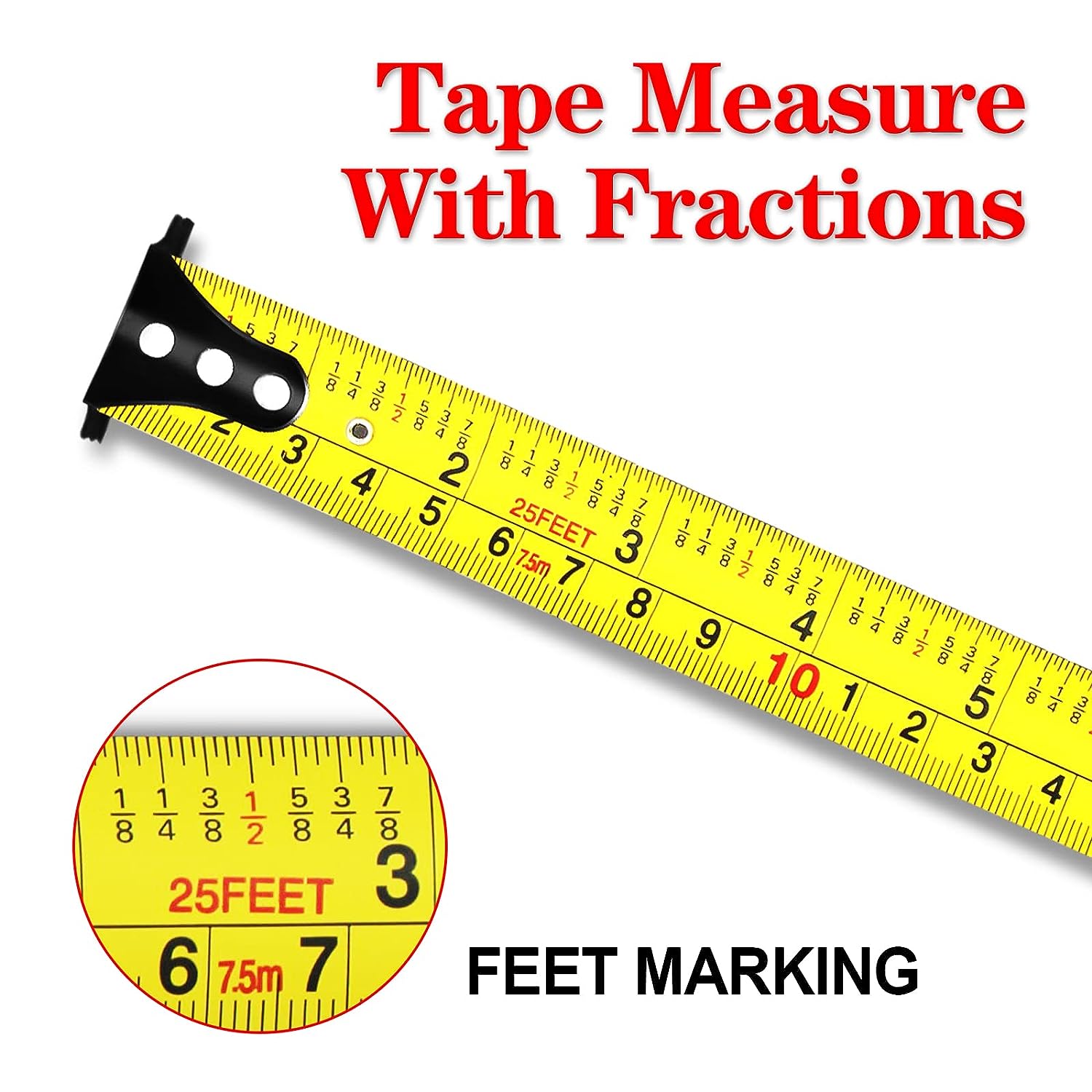 DuraTech Magnetic Tape Measure 25ft with Fractions 1/8, Retractable Measuring Tape, Easy to Read Both Side Measurement Tape, Magnetic Hook and Shock