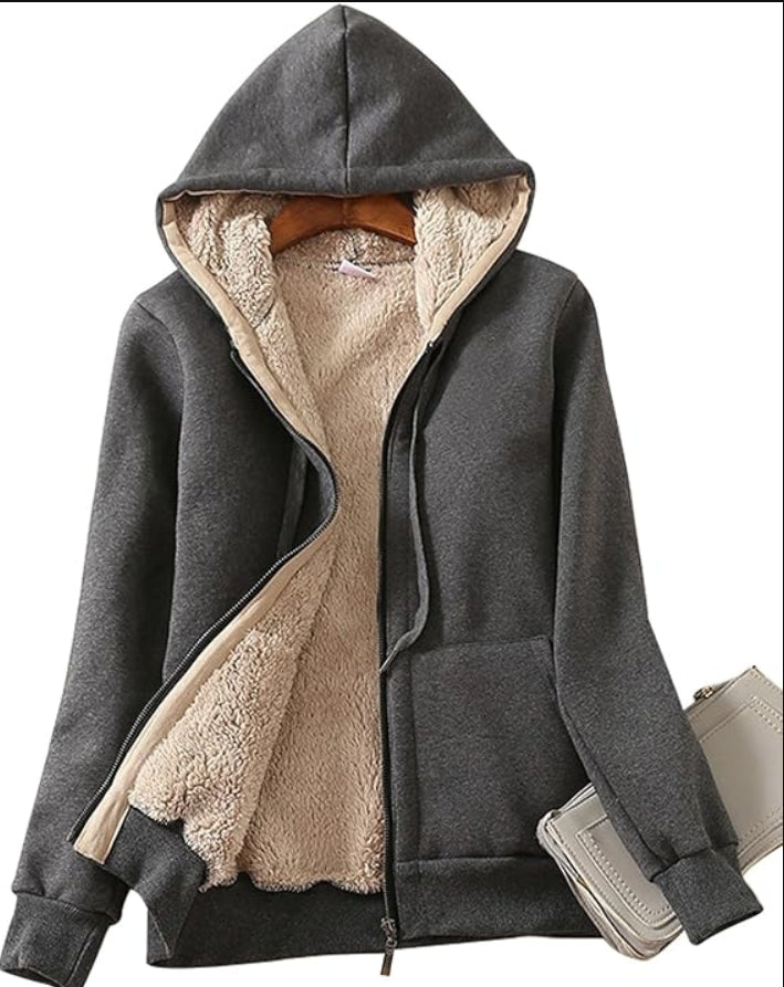 Women's Casual Full Zip Up Sherpa Lined Hoodie Sweatshirt Jacket Coat